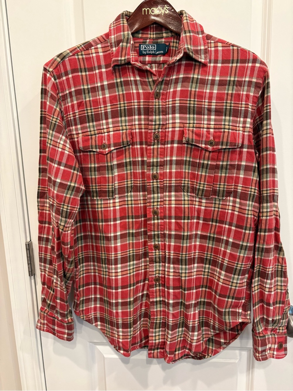 Vintage Polo by Ralph Lauren Red Plaid Button-Down Flannel Shirt Elbow Patch Md